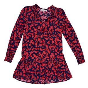 LOFT Dress XS Navy Blue Red Floral Print Drop Waist Ruffle Mini Cottagecore
